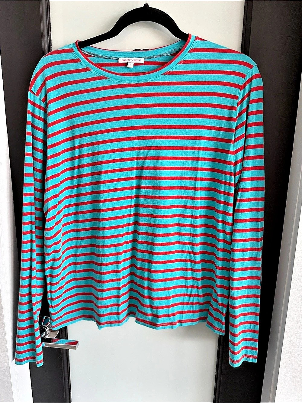 Frances Valentine Long Sleeve Striped Tee Shirt Blue & Red Large